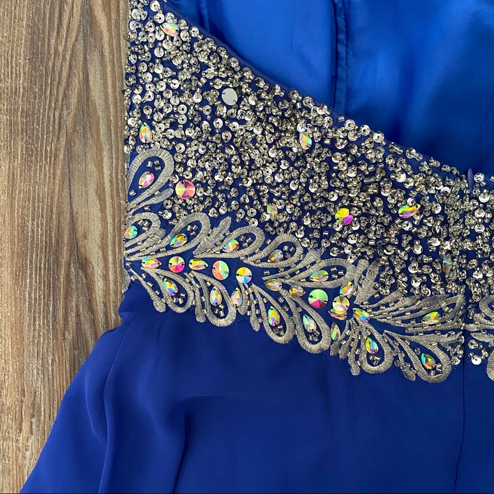 Beaded Blue Strapless Full-Length Prom Dress - Picture 10 of 11
